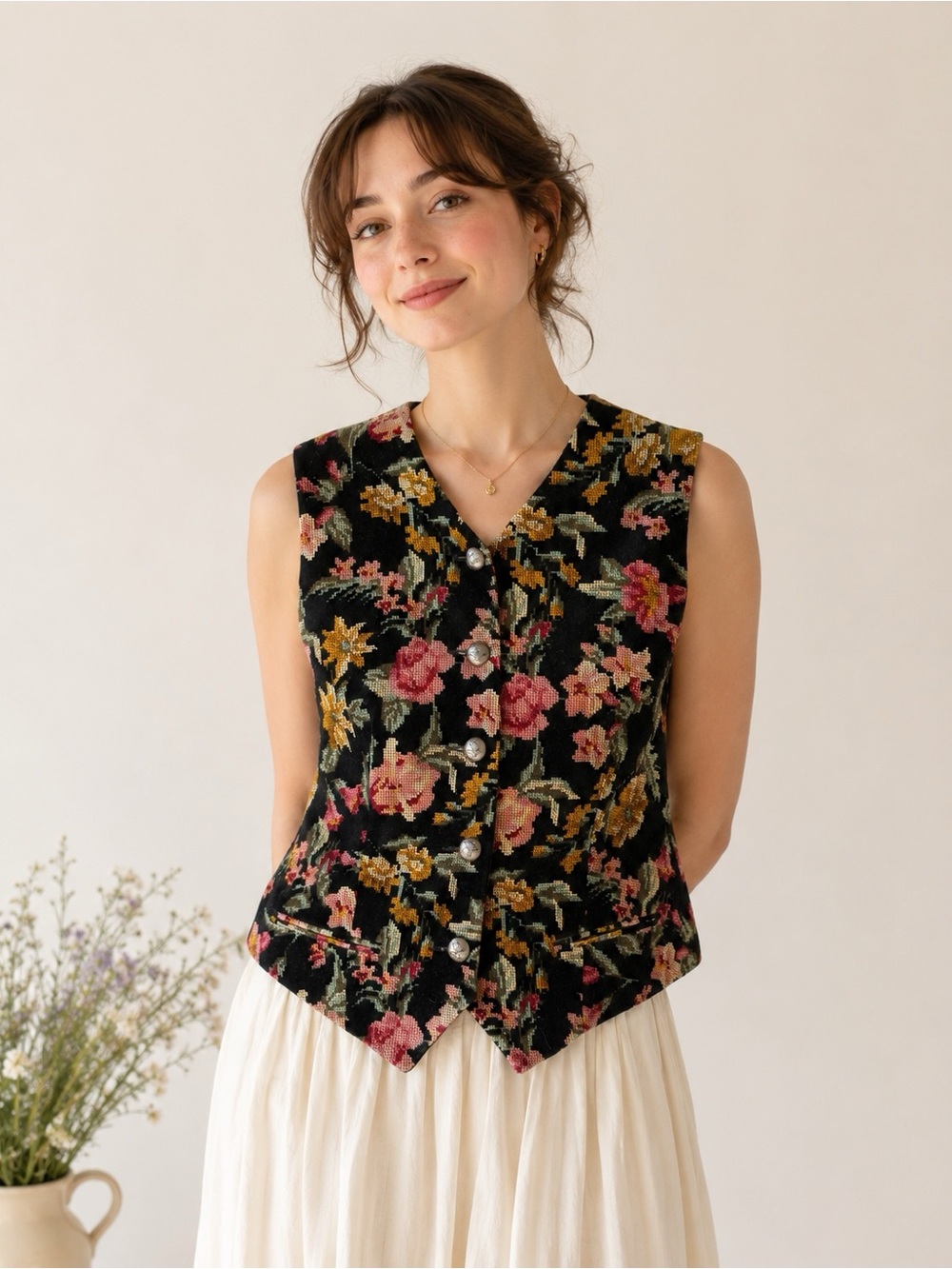 VTG Woman Black Velvet Floral Sweater Vest MEDIUM Cottagecore Country Folk Boho